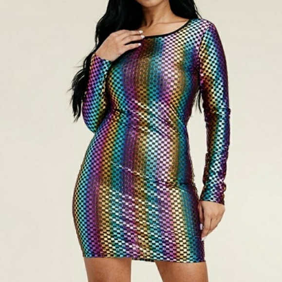 Long Sleeve Multi Foil Color Party Glam Midi Dress - Picture 4 of 5